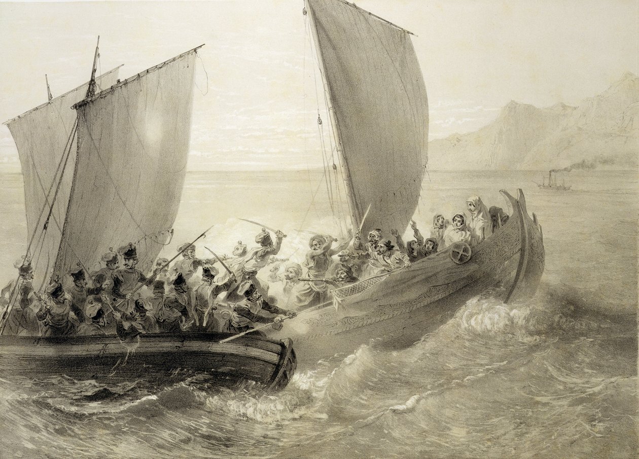 Azovi kozákok felszállnak egy cserkeszki nőkkel teli török korzárra a Fekete-tenger partján, metszett Adolphe Bayot (1810-66) és Leon Sabatier (fl.1827-87) kocsma. Alfred Leon Lemercier, 1847 ( alkotó: Grigori Grigorevich Gagarin