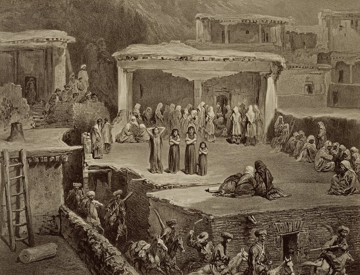 Temetési szertartás a romokban, Akhaltchiban, Dagesztánban, egy Kaukázusról szóló könyv 70. táblája, Eugene Le Roux (1807-63) metszete, Alfred Leon Lemercier, Párizs, 1847 alkotó: Grigori Grigorevich Gagarin