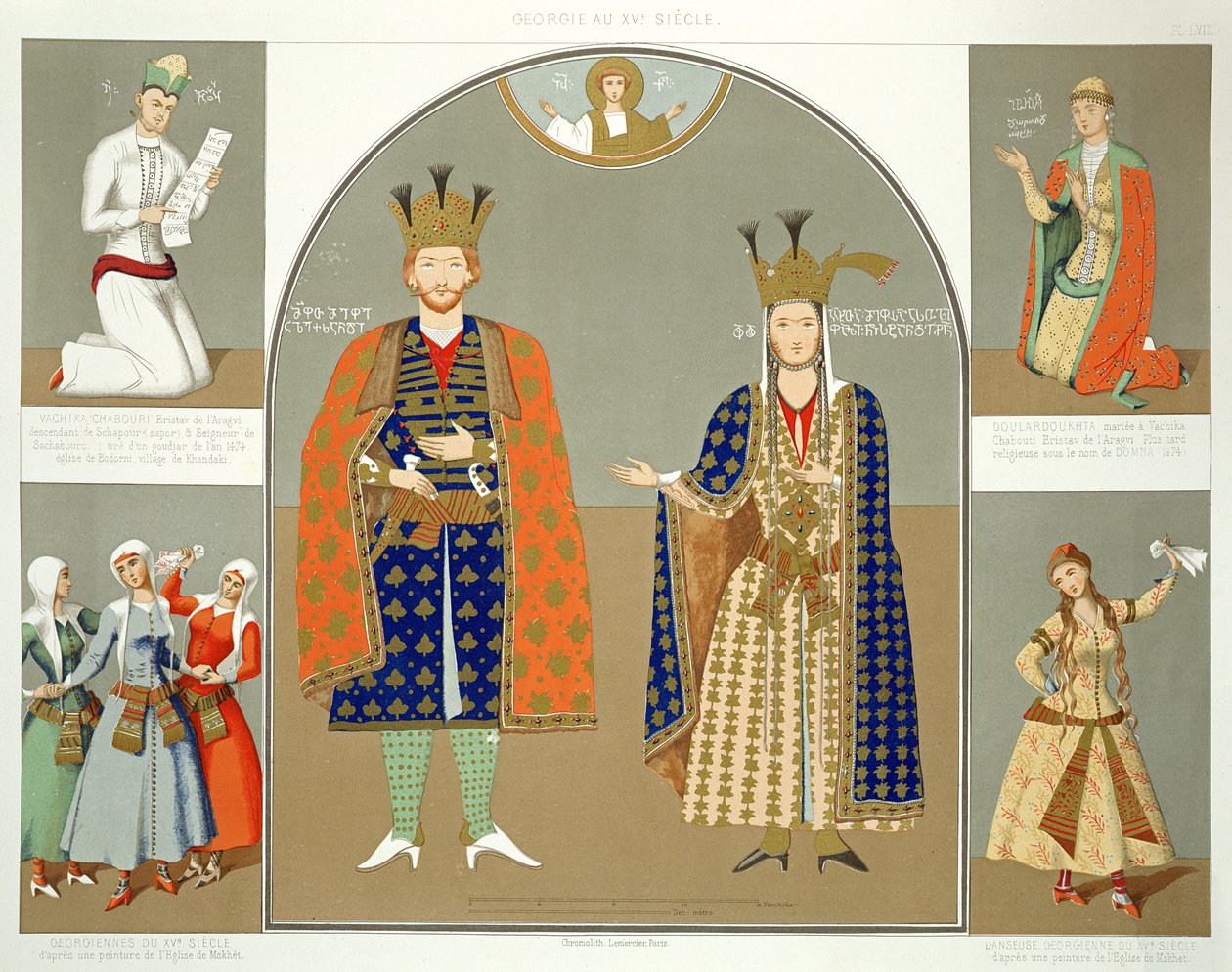 Georgia a XV. században: I. Sándor király (1412-42) és Nestane-Dared királynő, a „Le Caucase pittoresque, dessine apres nature” 58. táblája Ernest Stackelberg gróf szövegével, 1847-ben (col. alkotó: Grigori Grigorevich Gagarin