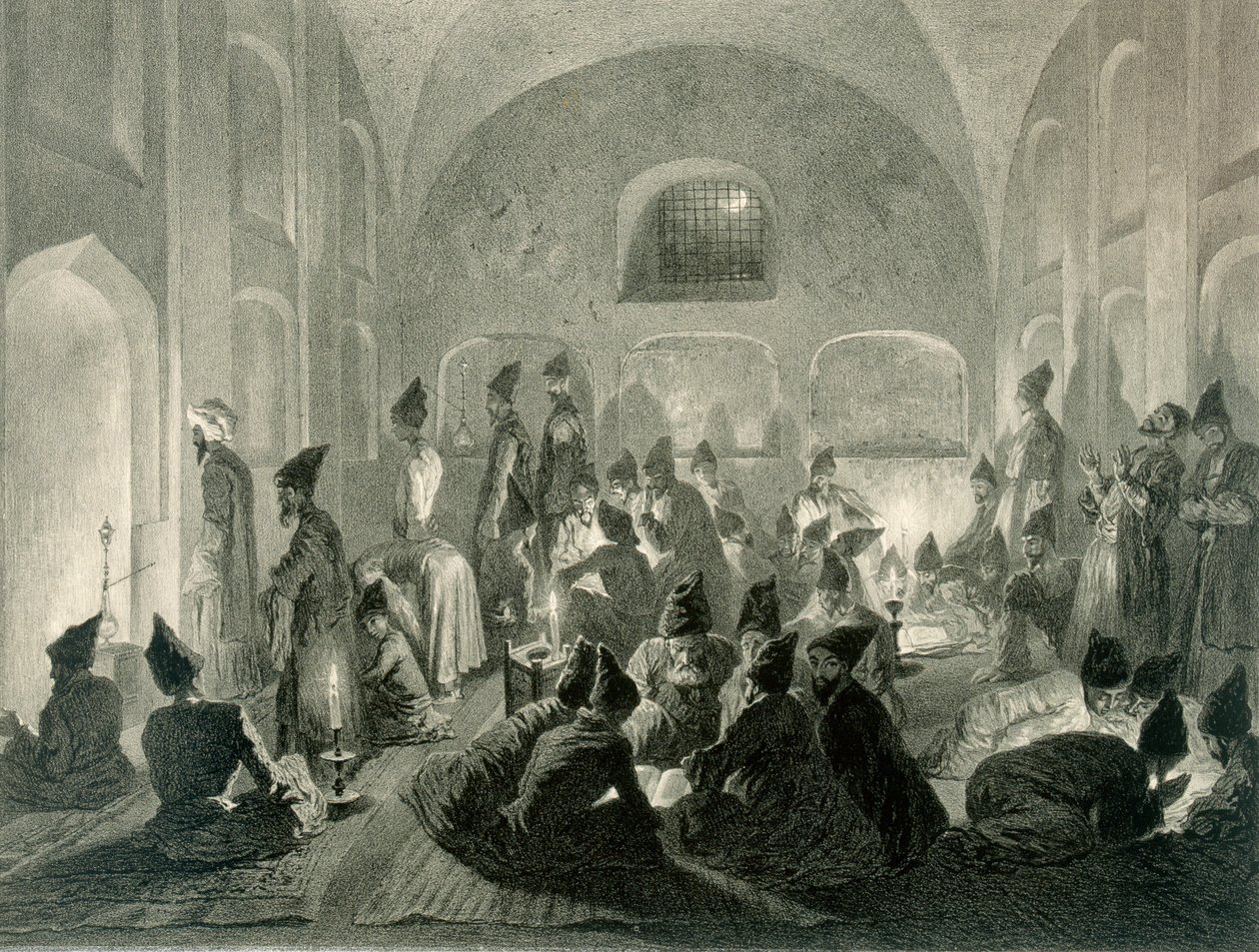 Perzsa mecset Jerevánban, Örményországban, Ramadán éjszakáján, 19. tábla a Kaukázusról szóló könyvből, Eugene Le Roux (1807-63) metszete, kiadó: Alfred Leon Lemercier, Párizs, 1847. alkotó: Grigori Grigorevich Gagarin