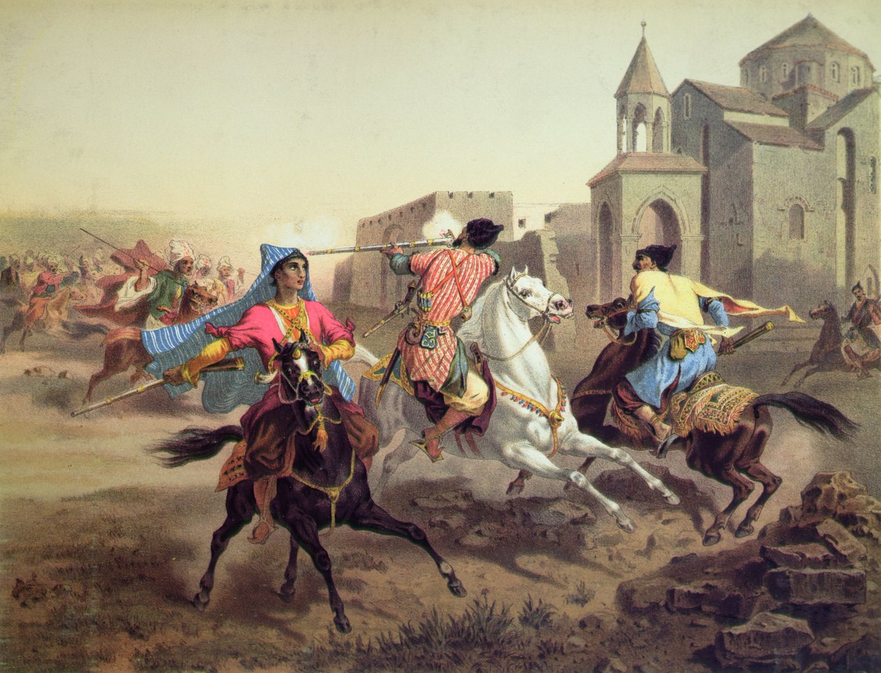 Perzsák és kurdok csetepatéja Örményországban, Alfred Leon Lemercier nyomdája, Párizs, 1850-60 körül (színes litográfia). alkotó: Grigori Grigorevich (after) Gagarin