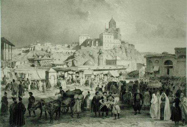 The Bazaar in Maidan Square, Tiflis, Georgia, 25. tábla egy Kaukázusról szóló könyvből, Adolphe Jean-Baptiste Bayot (1810-66) és Eugene Ciceri (1813-90) metszetével, Alfred Leon Lemercier, Párizs alkotó: Grigori Grigorevich (after) Gagarin