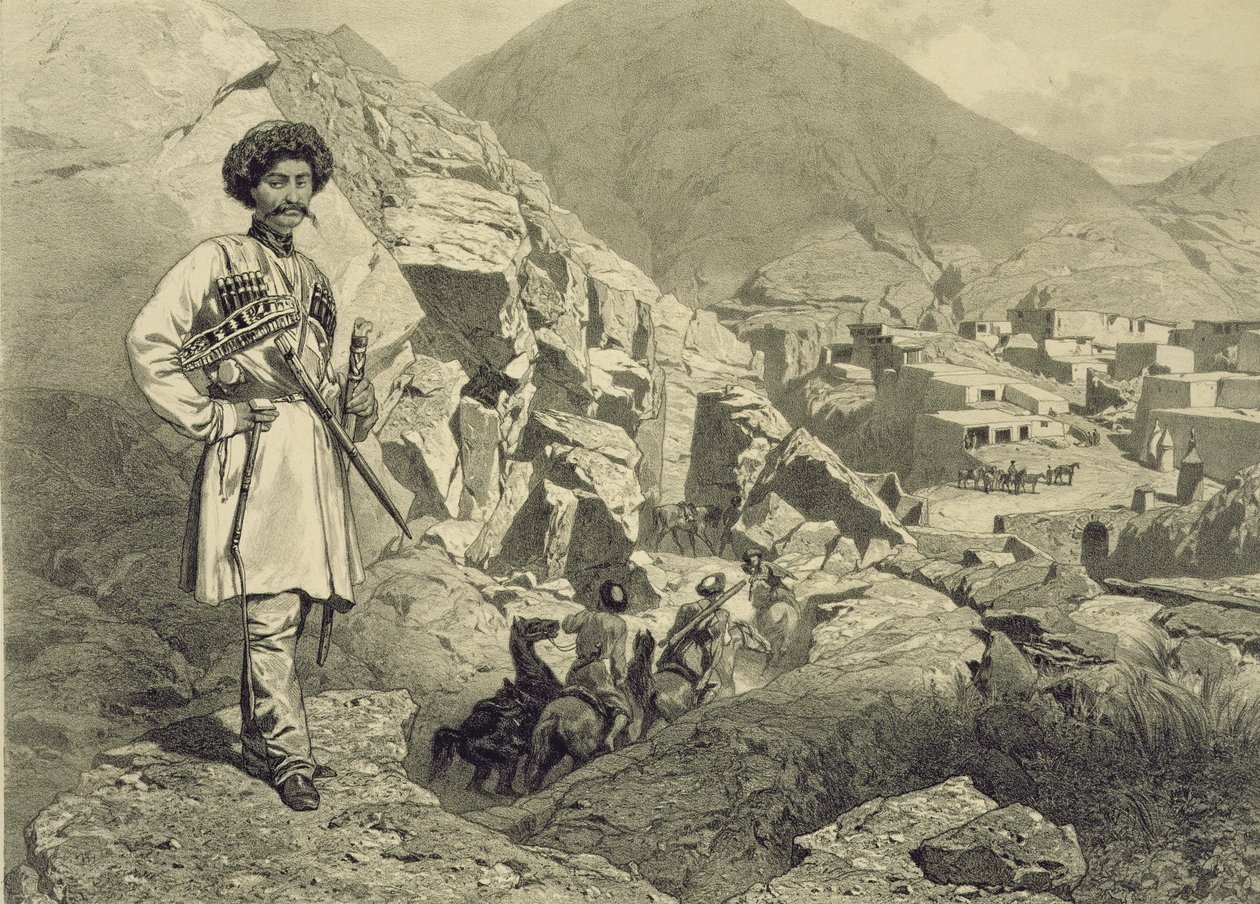 Érkezés a dagesztáni Czatanykhba, 12. tábla a Kaukázusról szóló könyvből, Jules Didier (1831-92) metszete, kiadta Alfred Leon Lemercier, Párizs, 1847. alkotó: Grigori Grigorevich Gagarin