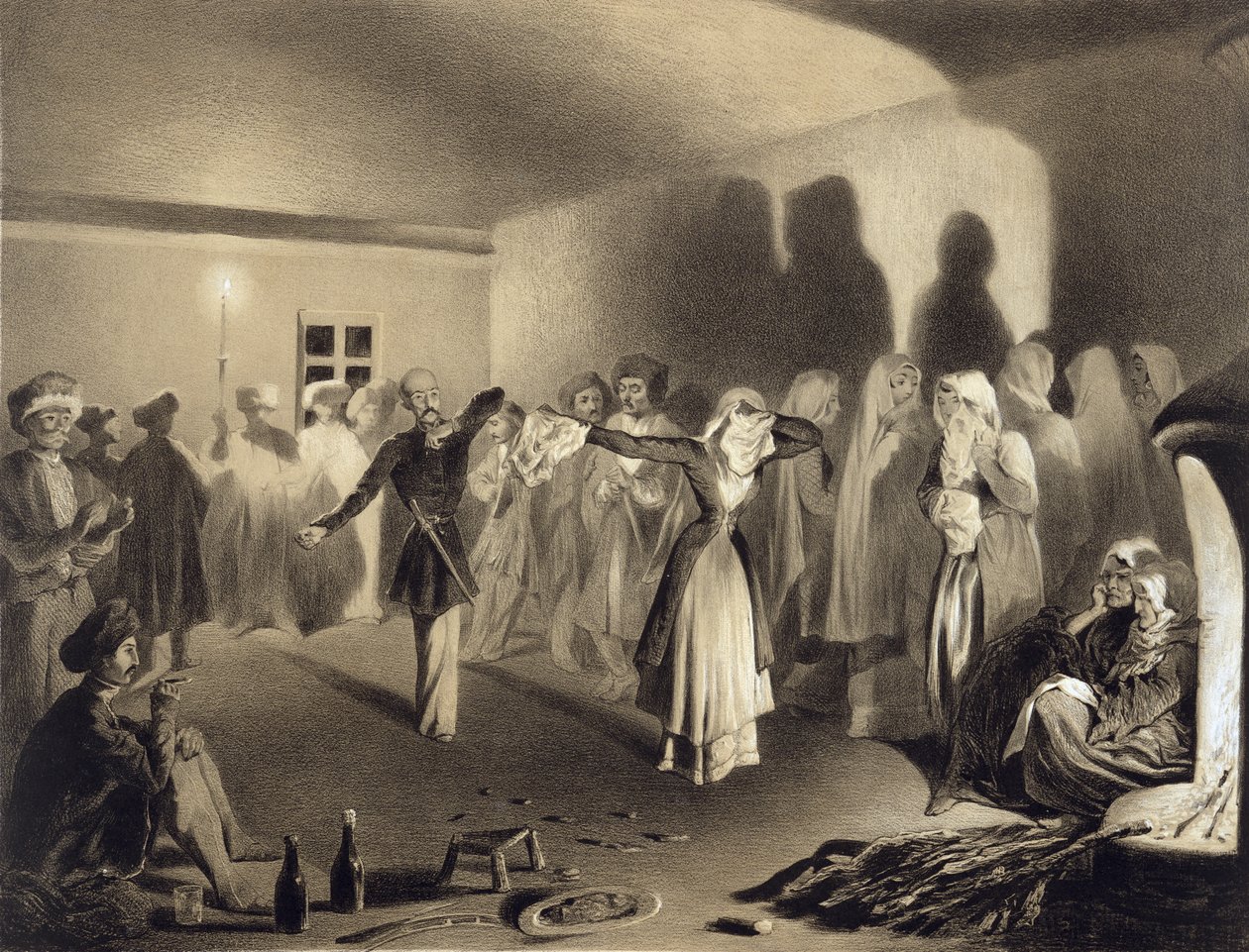 Táncparti Kagha-Choura-ban, Dagesztánban, 55. lemez egy Kaukázusról szóló könyvből, metszett Celestin Francois Nanteuil (1813-73), Alfred Leon Lemercier, Párizs, 1847 alkotó: Grigori Grigorevich Gagarin