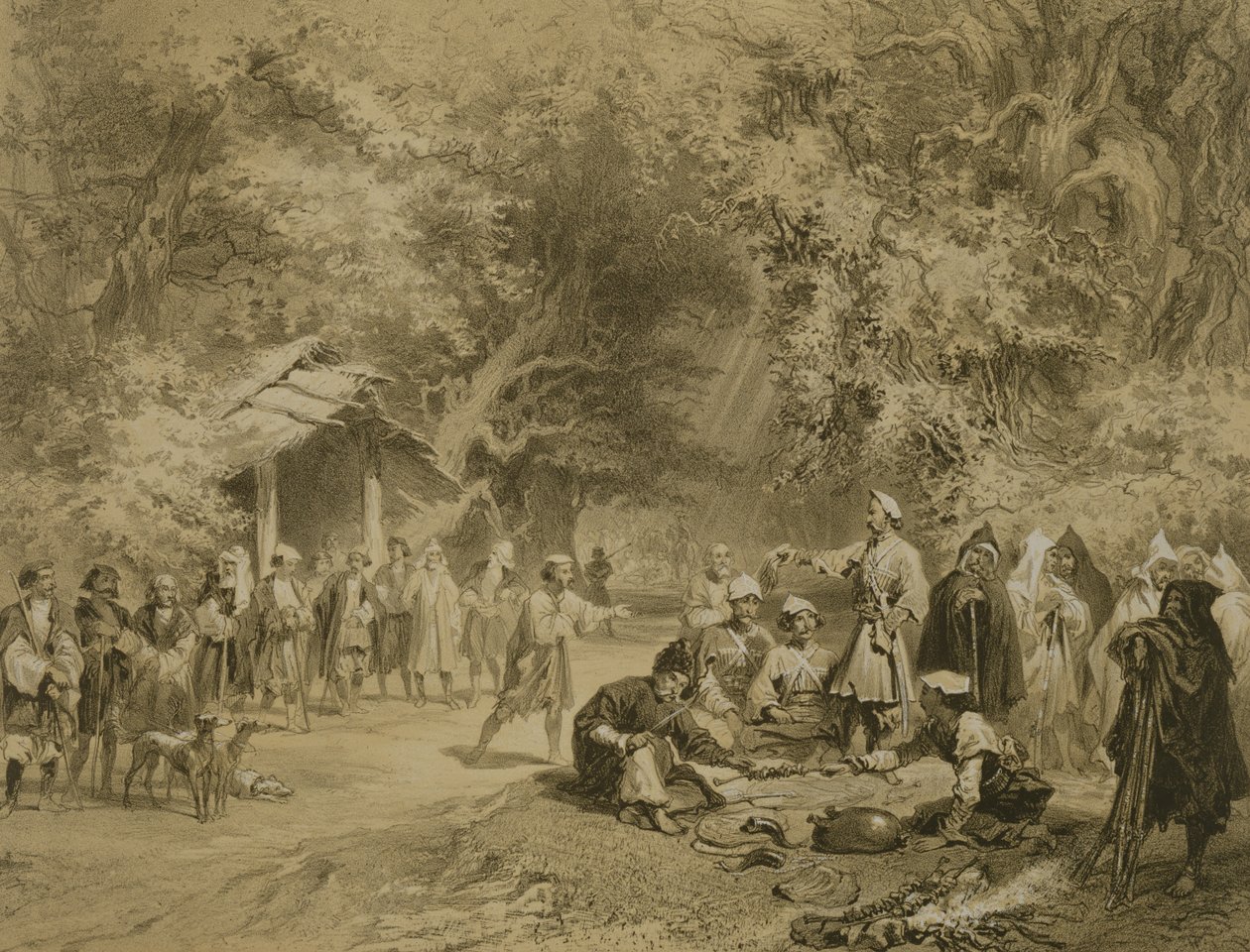 A vadászat vége, Mingrelia, 6. tábla egy Kaukázusról szóló könyvből, Adolphe Mouilleron (1820-81) metszete, Alfred Leon Lemercier, Párizs, 1847 alkotó: Grigori Grigorevich Gagarin
