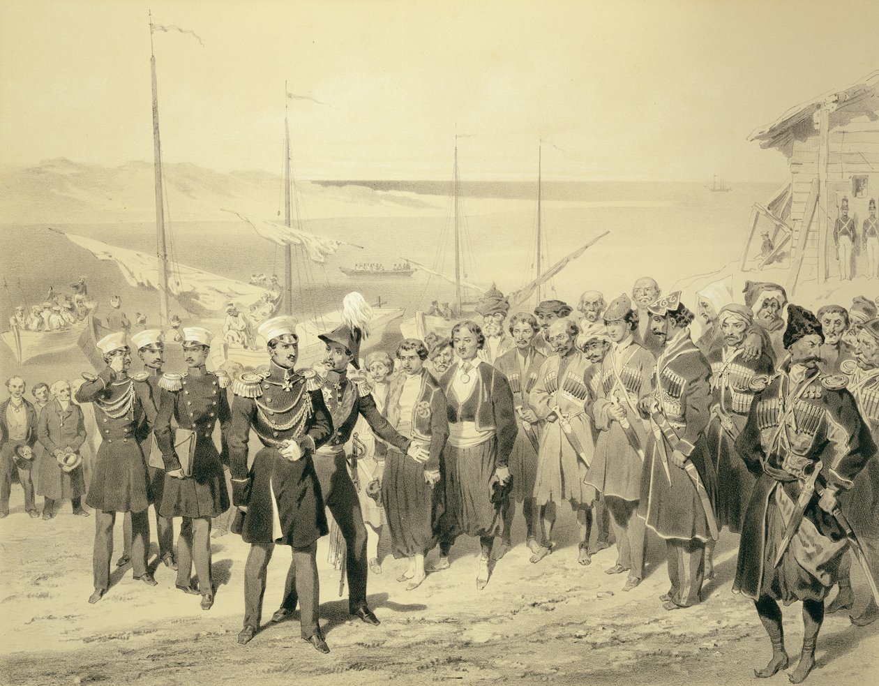 Katonai vezér partraszállása Redout-Kale-ben, a Fekete-tengeren, egy Kaukázusról szóló könyv 5. táblája, Adolphe Jean-Baptiste Bayot (1810-66) metszete, Alfred Leon Lemercier, Párizs, 1847 (l) alkotó: Grigori Grigorevich Gagarin