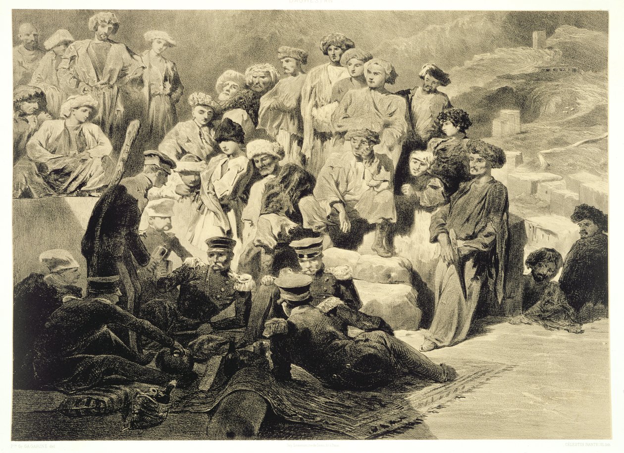 Military Meal in the Ruins at Sioukh, Dagestan, 69. lemez egy Kaukázusról szóló könyvből, metszett Celestin Francois Nanteuil (1813-73), kiadó Alfred Leon Lemercier, Párizs, 1847 alkotó: Grigori Grigorevich Gagarin