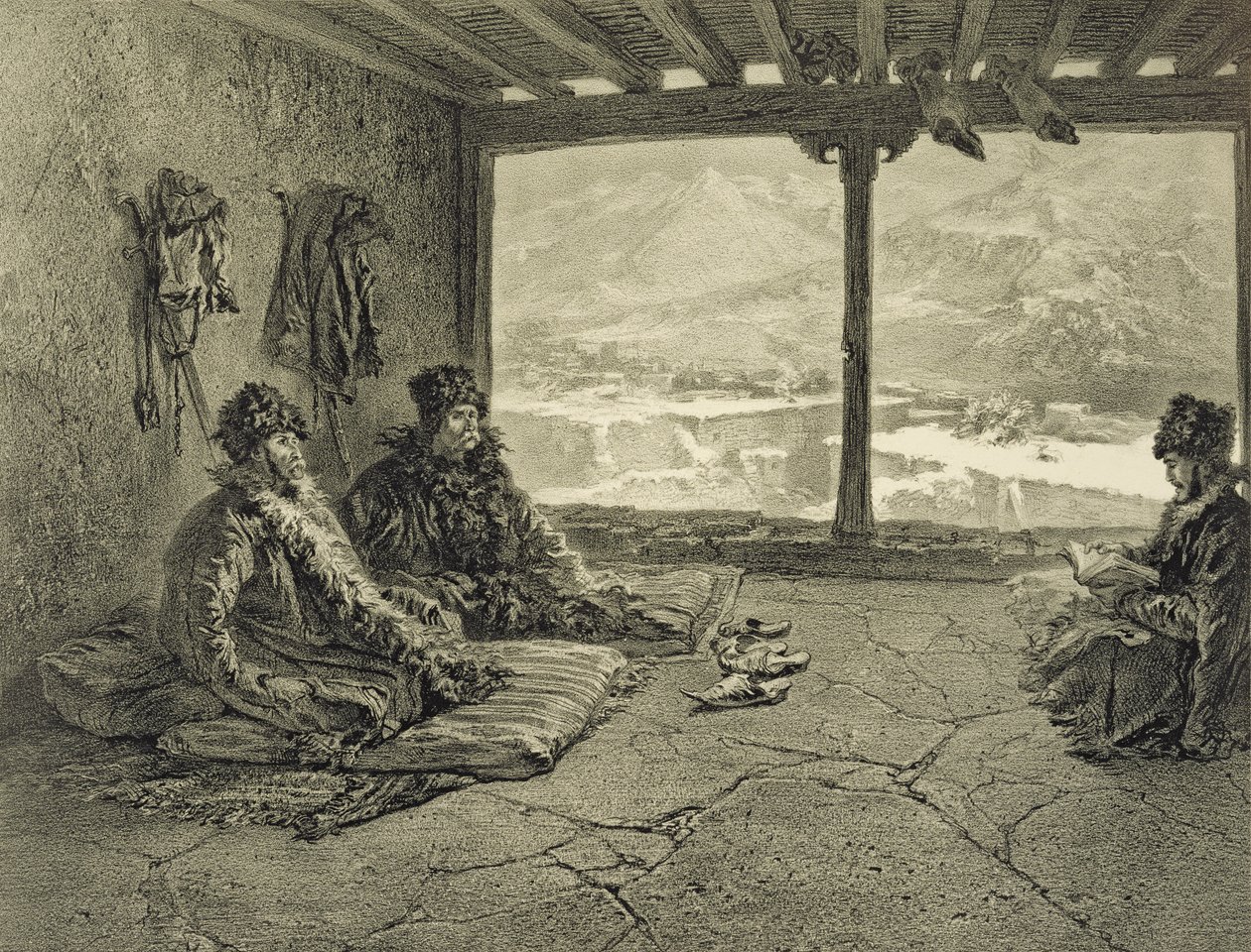 Saria előadás Khosrakhban, Dagesztánban, 50. tábla egy Kaukázusról szóló könyvből, Adolphe Mouilleron (1820-81) metszetével, Alfred Leon Lemercier kiadásában, Párizs, 1847 alkotó: Grigori Grigorevich Gagarin