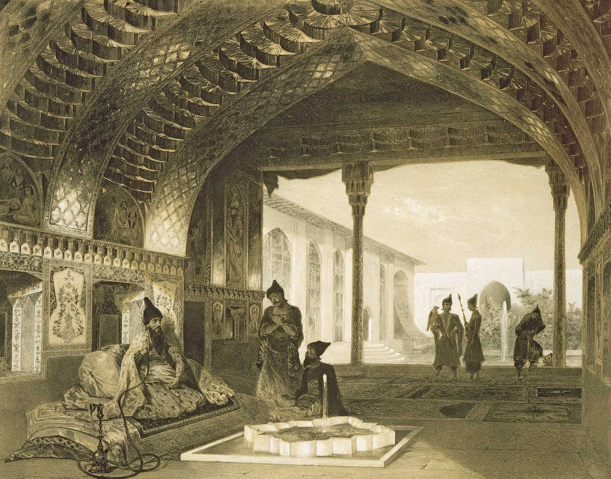 Tükörcsarnok a jereváni Sardar palotában, Örményországban, egy Kaukázusról szóló könyv 17. táblája, Charles Claude Bachelier és Celestin Francois Nanteuil (1813-73) kocsma metszete. írta Alfred alkotó: Grigori Grigorevich Gagarin