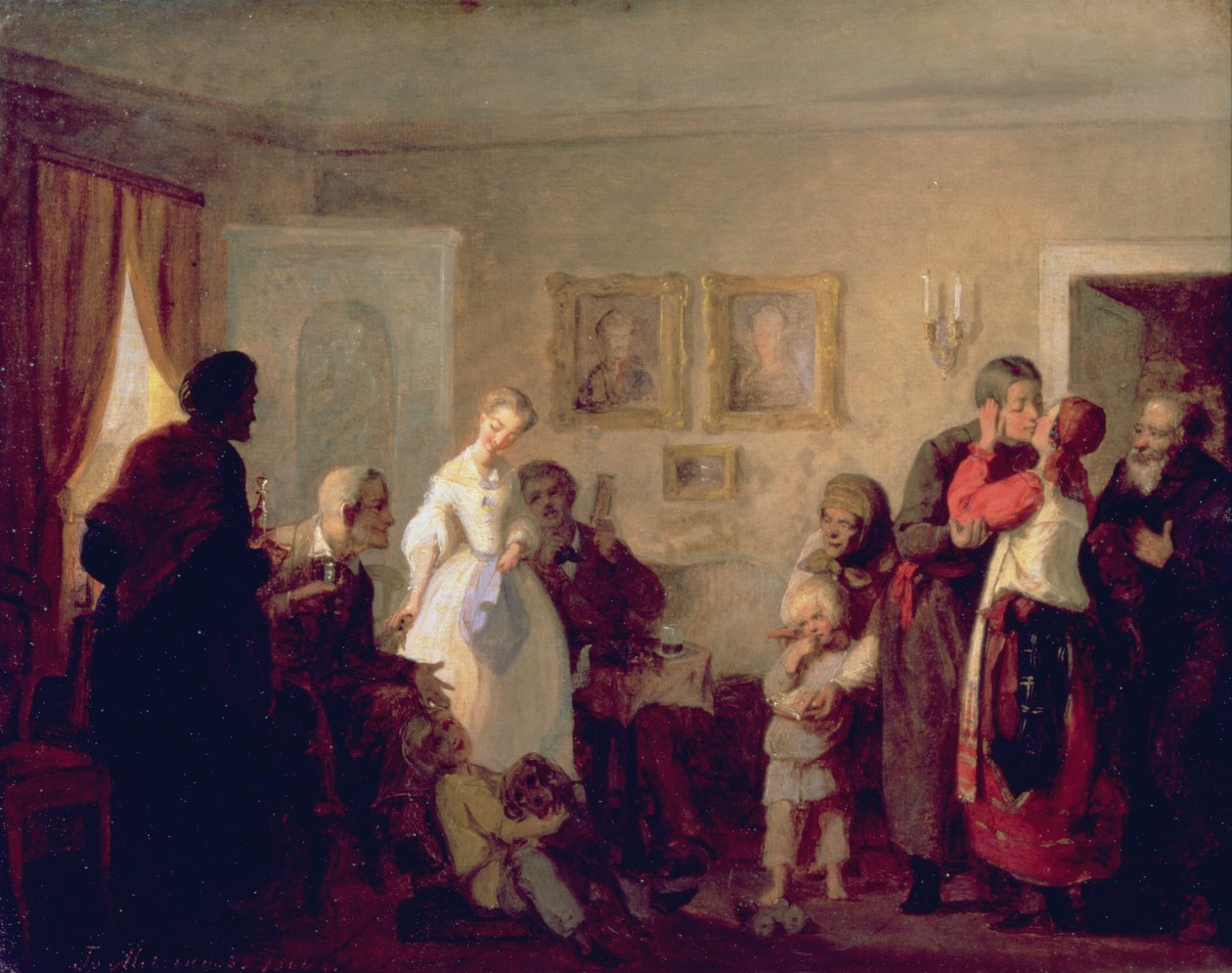 Gratuláció az ifjú házasoknak egy kastélyban, 1860 alkotó: Grigori Grigorievich Mjasoedov