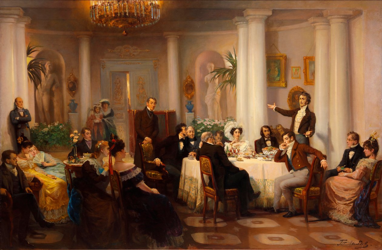 Puskin és barátai Adam Mickiewiczet hallgatják Zinaida Volkonszkaja hercegnő szalonjában, 1899 alkotó: Grigori Grigorievich Mjasoedov