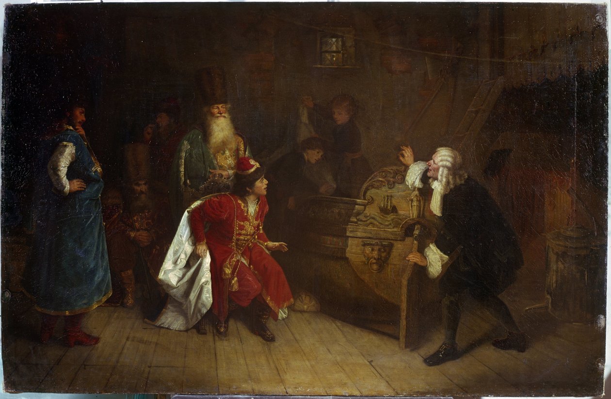 Az orosz flotta nagyapja. (Az orosz flotta nagyapja). Jelenet I. Nagy Péter (1672-1725) gyermekkorából, nagyapja, Nyikita Romanov (?) házában fedezett fel egy angol kenut, amely a hajózás iránti szenvedélyének eredőjeként szolgált. Festett alkotó: Grigori Grigoryevich Myasoedov