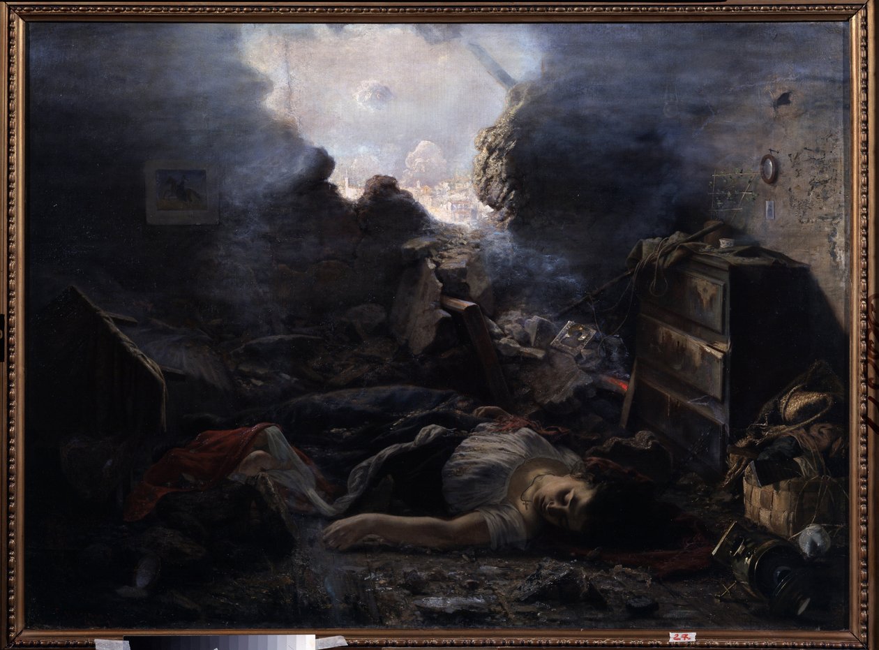 Szevasztopol ostroma (Ukrajna) (The Siege of Sevastopol). A krími háború (1853-1856) atrocitásainak leírása Szebasztopol 1854-es ostromának epizódjában. Egy nő és babája holttestei hevernek a házuk padlóján, beszakadt falú alkotó: Grigori Grigoryevich Myasoedov