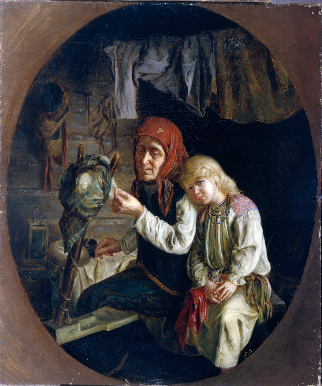 Fonó lecke - Spinning lecke - Grigorij (Grigorij, Grigorij) festménye Grigorjevics Myasoyedov (Myasoedov, Miasoedov) (1834-1911), olaj, vászon alkotó: Grigori Grigoryevich Myasoedov