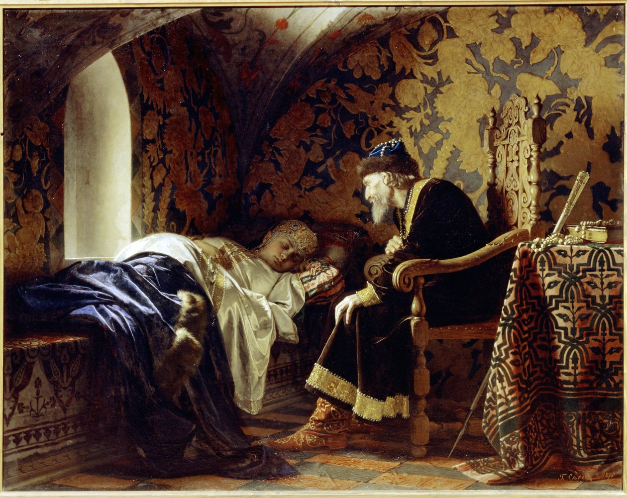 Vaszilissza Melentyeva (meghalt 1579-ben) és IV. Rettegett Iván cár (1530-1584). (Vazilisa Melentyevna és a Rettegett Iván cár). A fiatal és gyönyörű nő, a cár hatodik felesége alszik egy padon, Terr Iván gyengéd tekintete alatt. alkotó: Grigori Semenovich Sedov