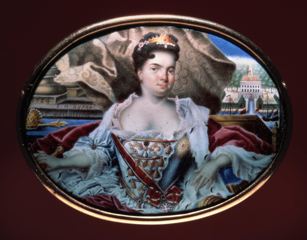 I. Katalin császárné (1684-1727) portréja, kilátással a Catherinenhof-palotára. (I. Katalin portréja Catherinenhof látképével). Grigorij Szemjonovics Muszikliszkij alkotása (1670-1739 után), zománc aranyon alkotó: Grigori Semyonovich Musiklysky