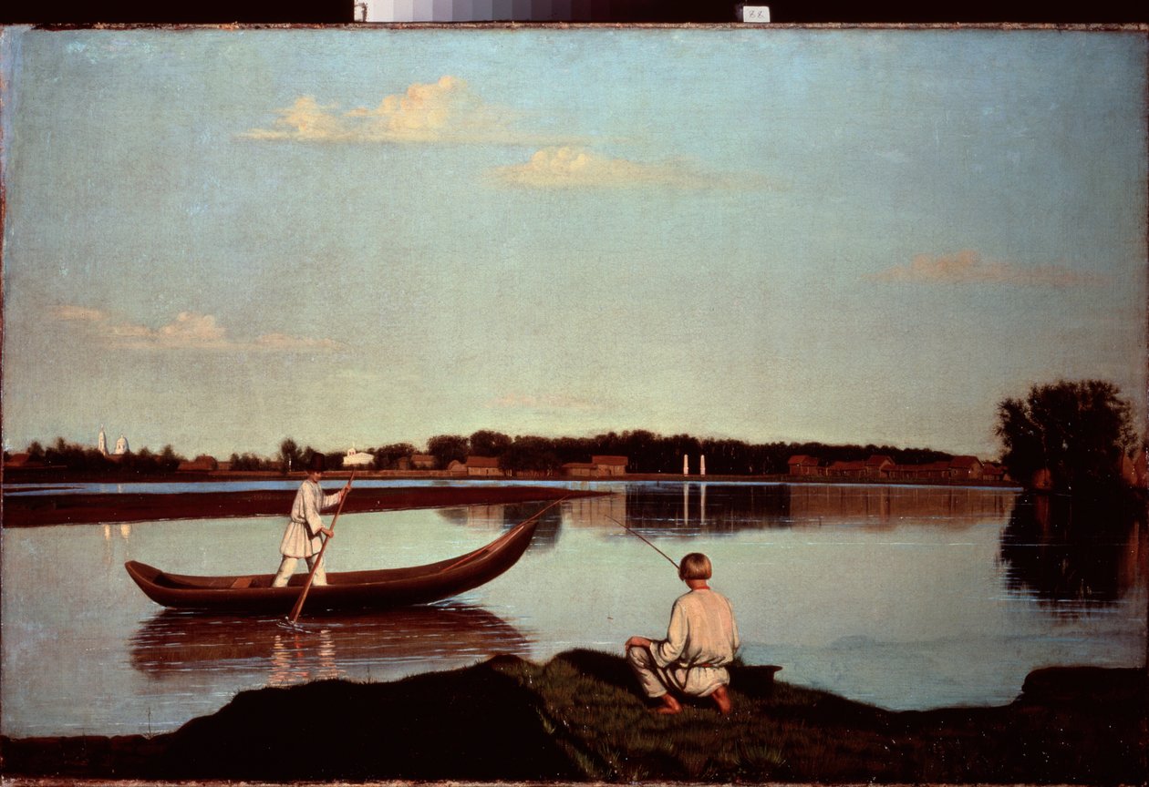 Egy horgász (És egy fiatal evezős, csónakban állva) - Horgász - Grigorij Vasziljevics Soroka (1823-1863) festménye, olaj, vászon, 1840 körül - Orosz művészet alkotó: Grigori Vasilievich Soroka