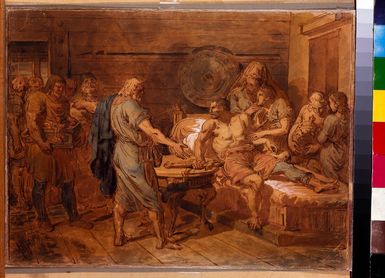 Kuzma Minin (meghalt 1616-ban) felhívása Dmitrij Pozsarszkij herceghez (1577-1642) - Grigorij Ivanovics Ugryumov (Ugrioumov) (1764-1823) munkája, akvarell és fehér papíron, 1800 körül (31,6x42 cm) - Kuzma felhívása Mininhez Dmitrij Pozsarszkij herceg, Wat alkotó: Grigoriy Ivanovich Ugryumov