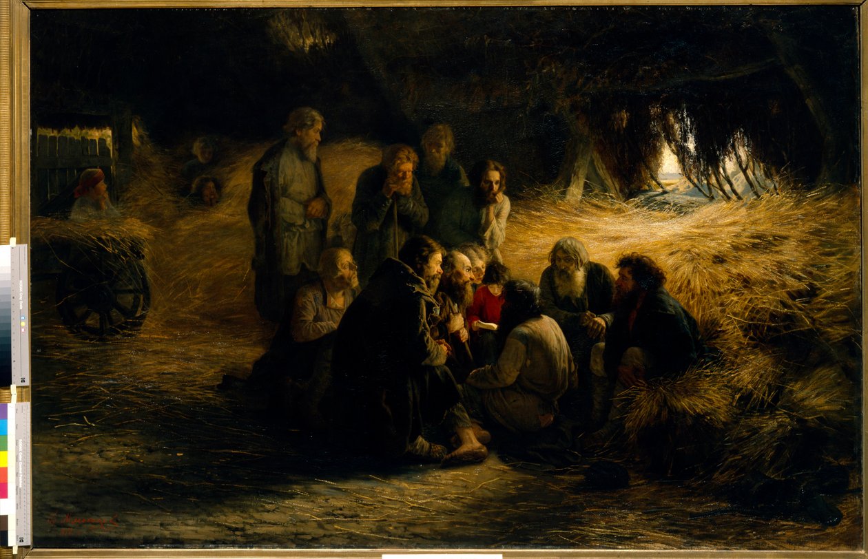 A jobbágyság eltörlése Oroszországban: a jobbágyfelszabadítás bejelentése 1861-ben (Az 1861-es jobbágyfelszabadítási reform bejelentése) - Grigorij (Grigorij, Grigorij) olaj, vászon Grigorjevics Myasoyedov (Myasoedov, Miasoedov) (1834-1) (1861) alkotó: Grigoriy Myasoyedov
