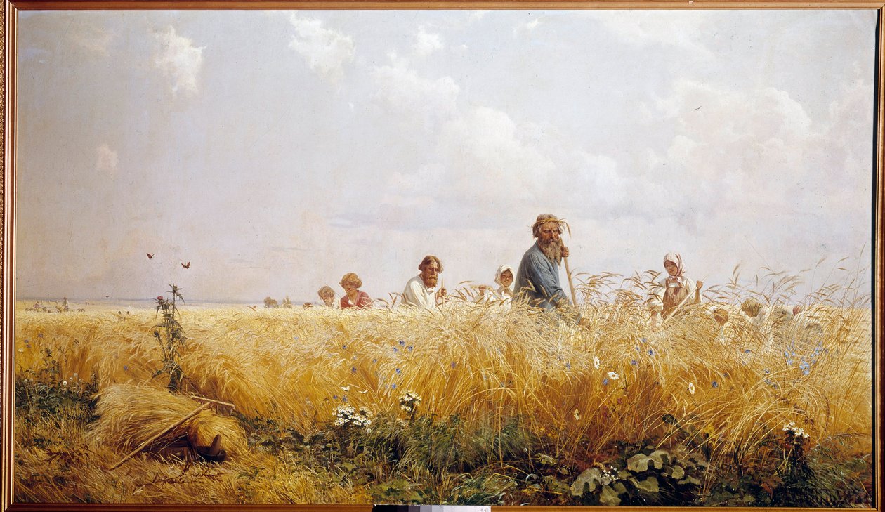 Szüretet kaszáló orosz parasztok. Grigori Miassoiedow (1835-1911) festménye 19. századi Peterhof, a kastély könyvtára alkotó: Grigoriy Myasoyedov