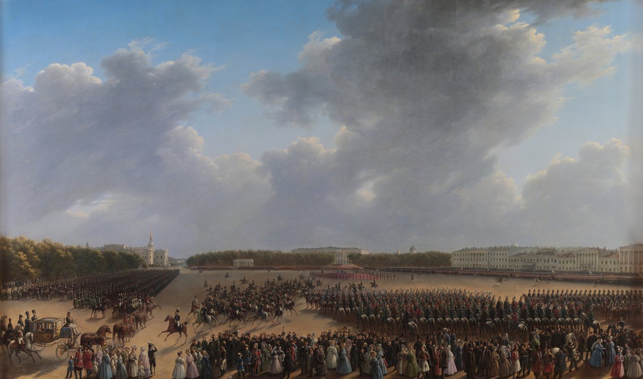 A Lengyel Királyságban zajló katonai akció végét ünneplő felvonulás a szentpétervári Tsarica-réten 1831. október 6-án alkotó: Grigory Chernetsov