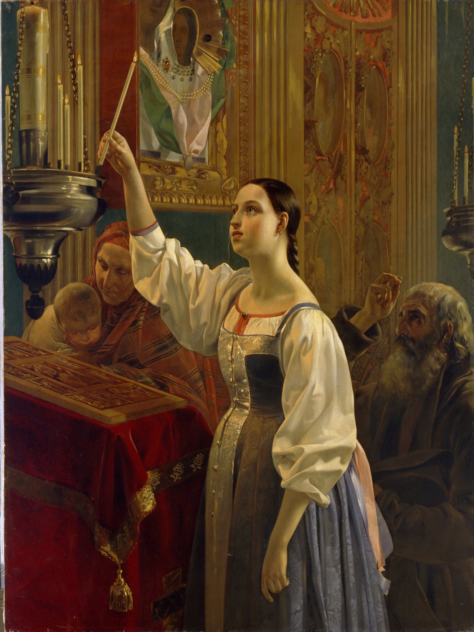 Fiatal lány egy gyertyát helyez egy ikon elé. (Lány, aki gyertyát helyez az ikon elé). Egy ortodox templomban, húsvét hét nagycsütörtökén. Grigorij Karpovics Mihajlov (Mihajlov) (1814-1867) festménye, olaj, vászon alkotó: Grigory Mikhailov