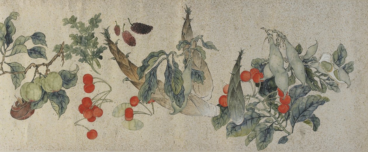 Zöldségek és gyümölcsök, Qing-dinasztia, 1828 (tinta és szín az aranyfoltos papíron) alkotó: Gu Luo