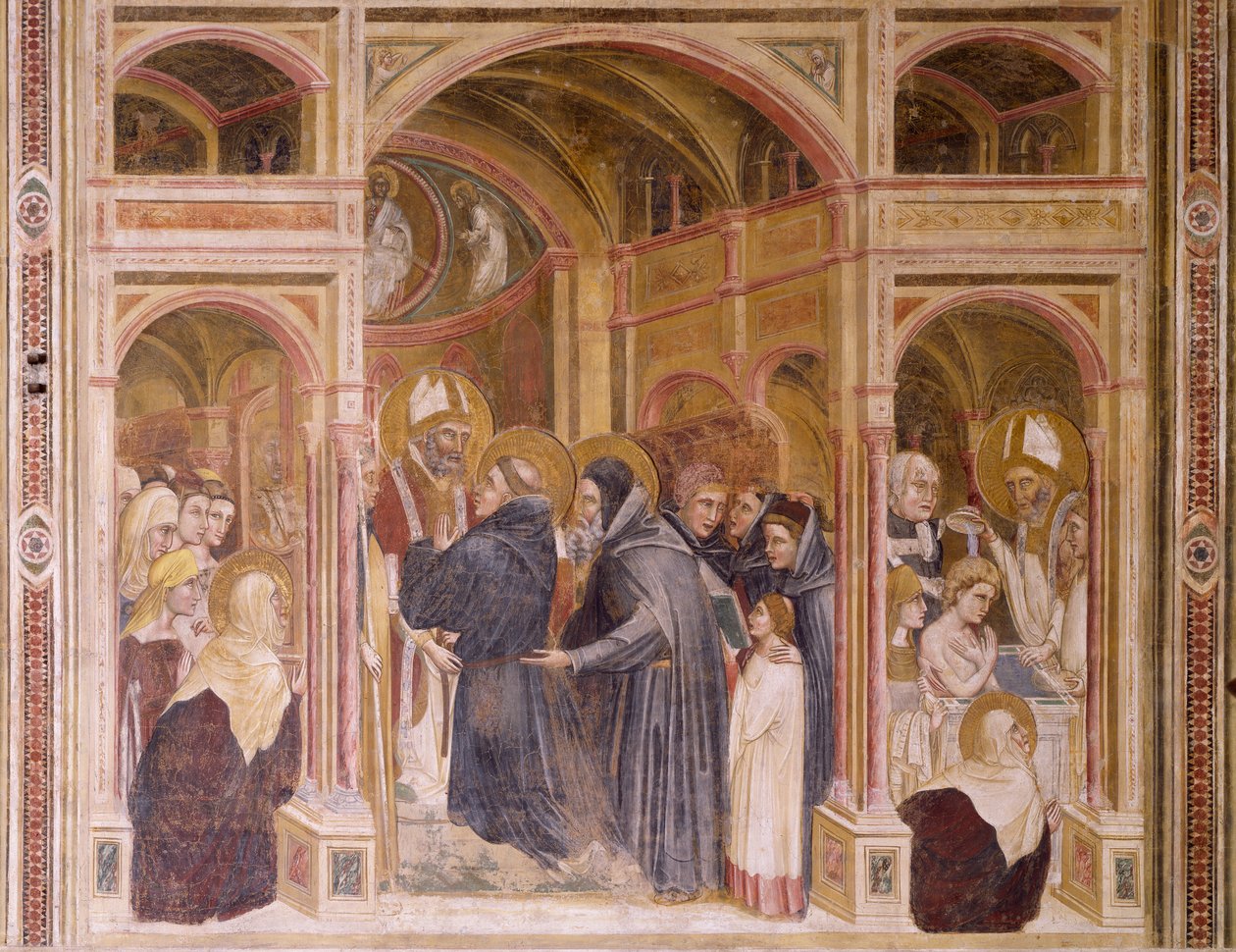 Ágoston ruhái és megkeresztelkedése, jelenet a Szent Fülöp és Szent Ágoston történeteiből, Guariento (1338 óta aktív, 1367 körül halt meg), freskó, Eremitani (remeték) templom, Padova, Veneto. Olaszország alkotó: Guariento di Arpo