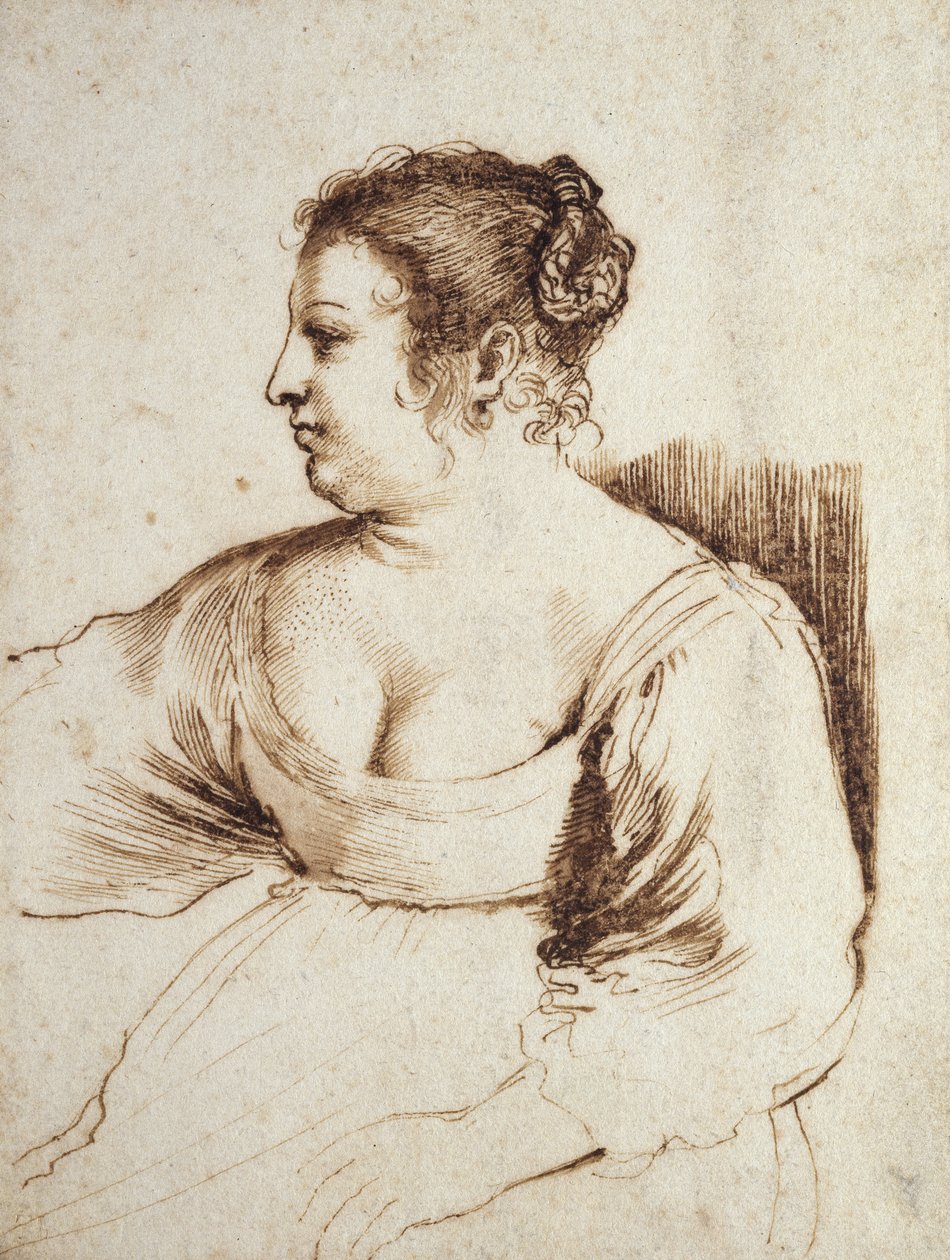 Ülő nő, 1640 - 1649 (toll és barna tinta, barna tus, fehér papírra) alkotó: Giovanni Francesco Barbieri