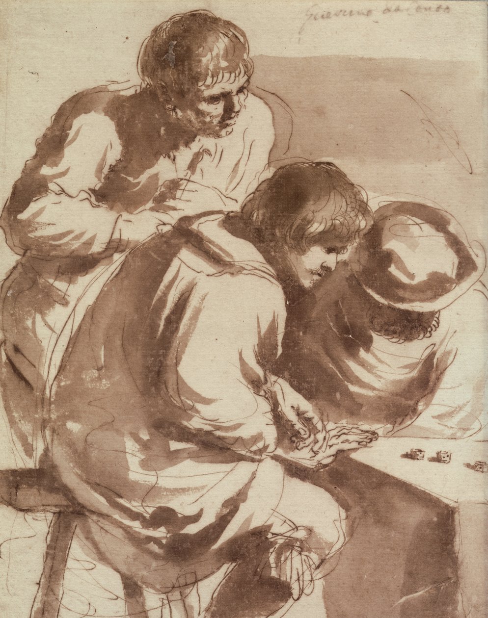 Kockajátékosok (toll, tinta és mosás papíron) alkotó: Giovanni Francesco Barbieri