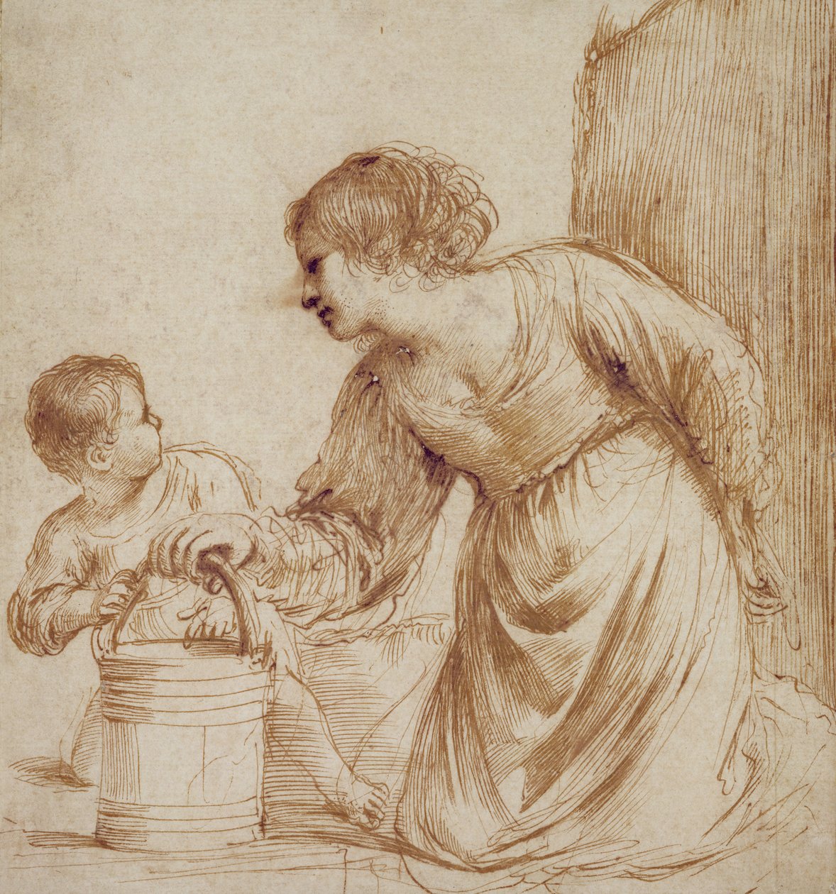 Anya és gyermeke vödörrel alkotó: Giovanni Francesco Barbieri