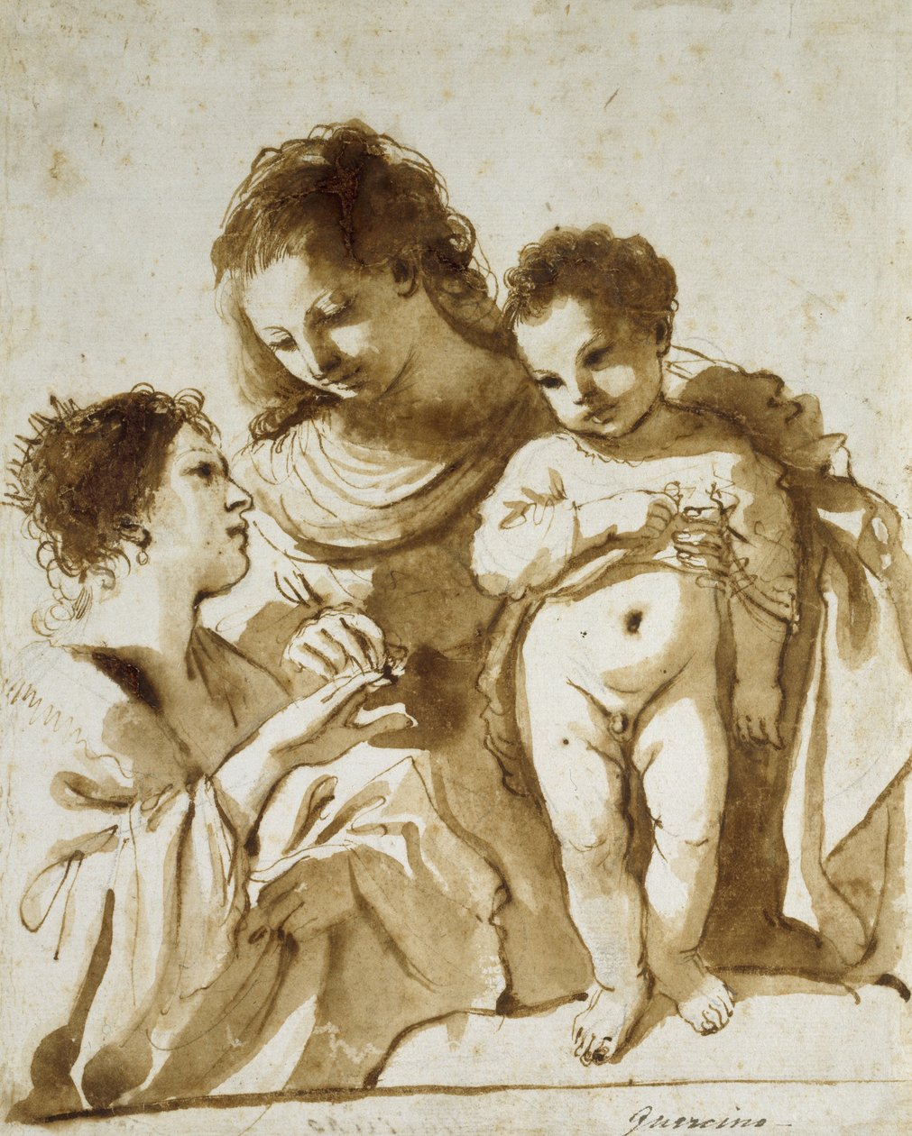 Szent Katalin misztikus házassága, 1618-1619 (toll és barna tinta, barna festéssel, fekete krétával fehér papíron) alkotó: Giovanni Francesco Barbieri