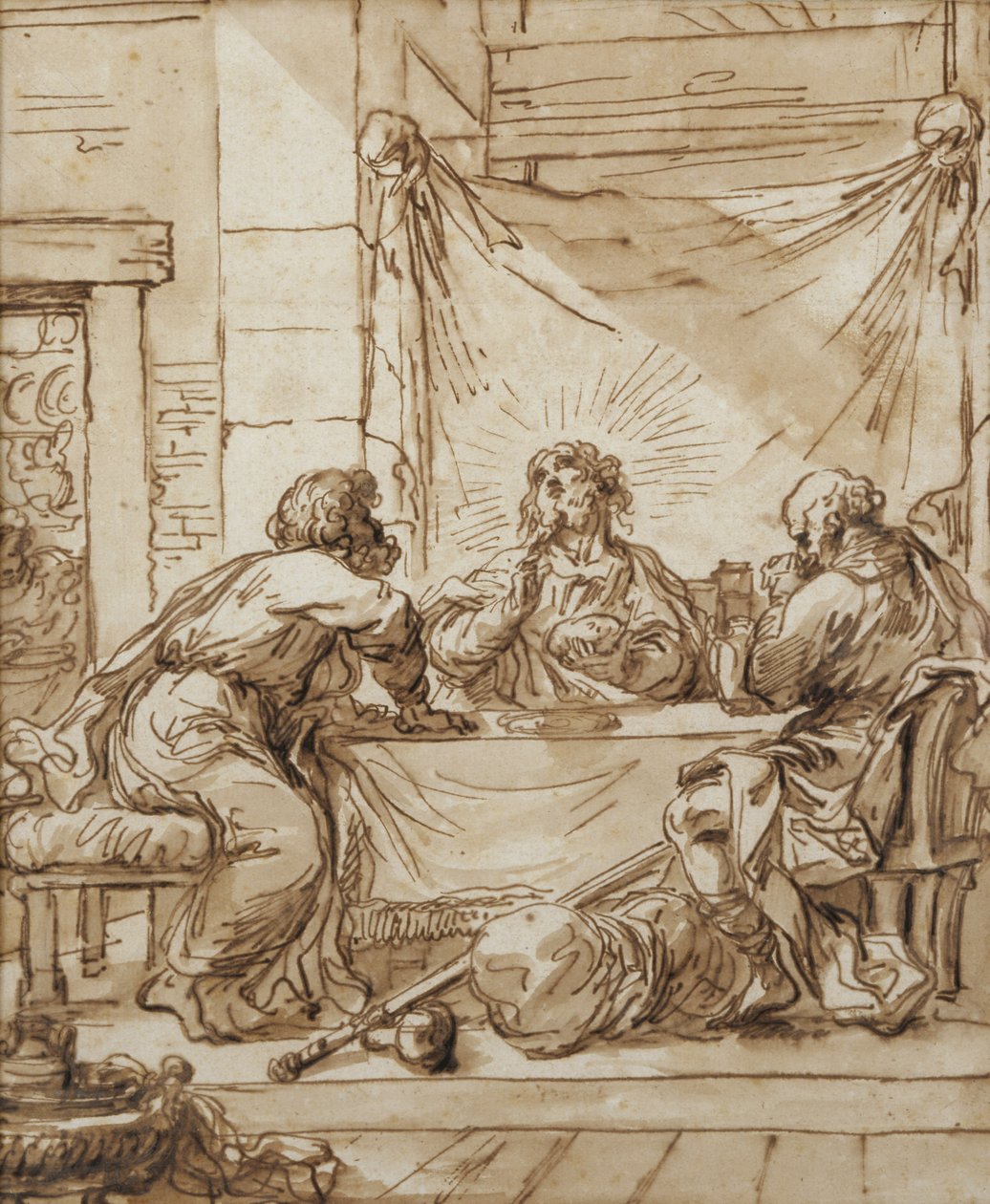 Az emmauszi vacsora (tus, papír) alkotó: Giovanni Francesco Barbieri
