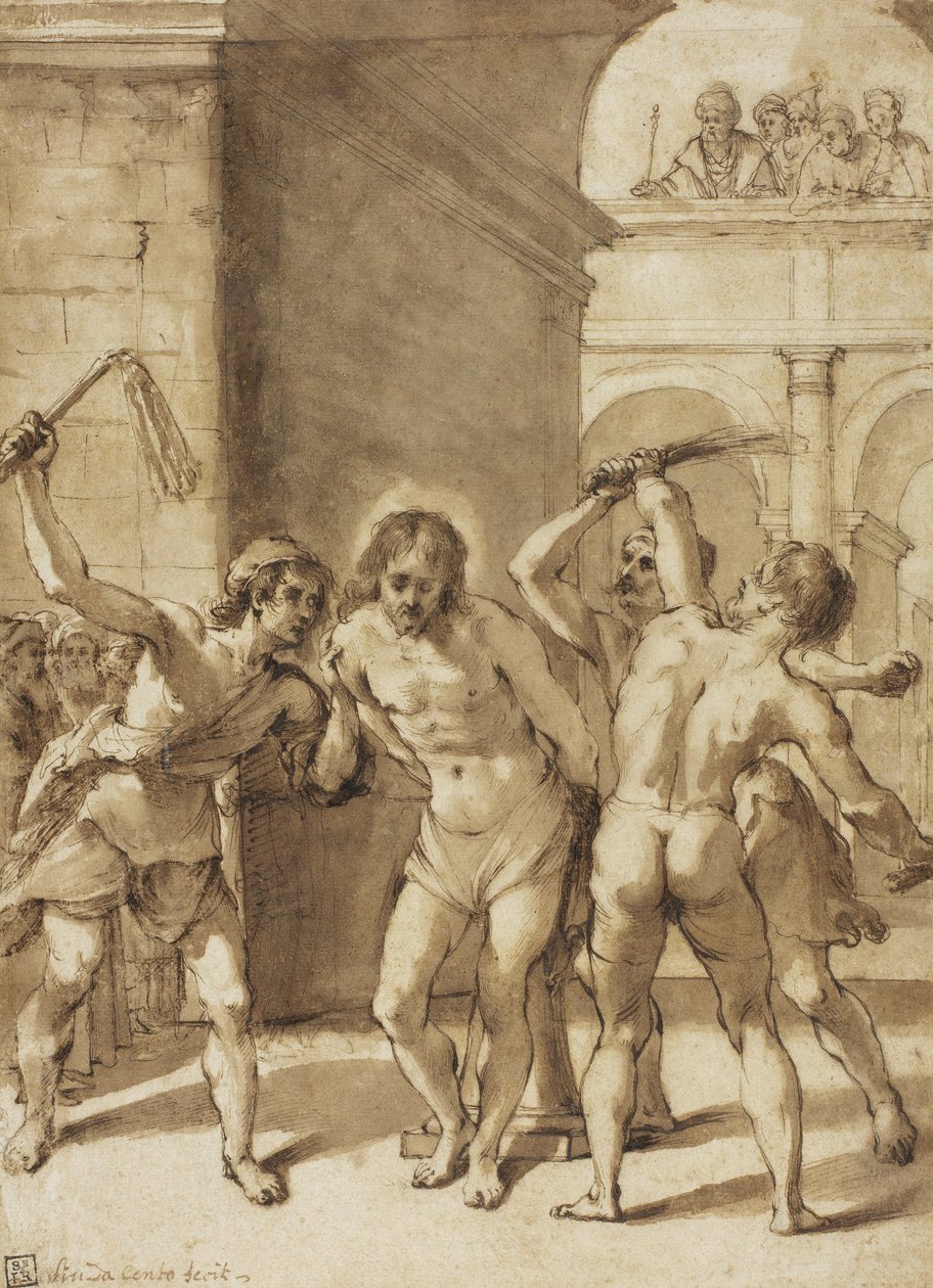 Krisztus megostorozása (toll és barna tinta, ecsettel és barna mosással, grafit nyomokkal, krémszínű terített papírra, krémszínű terített papírra fektetve) alkotó: Guercino (1591-1666) (school of)