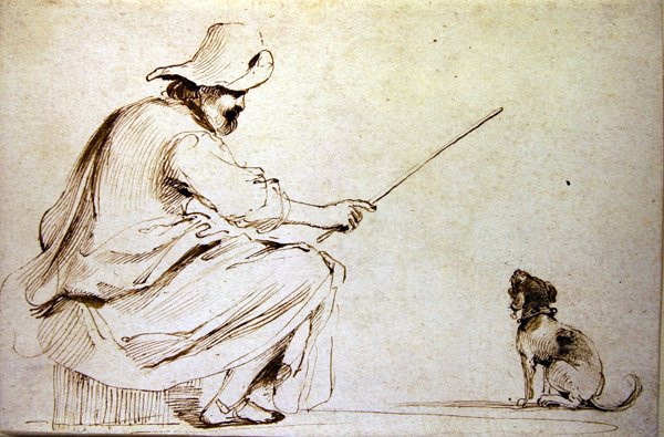 Ülő ember kutyát oktató (toll és barna tinta és mosás papíron) alkotó: Guercino