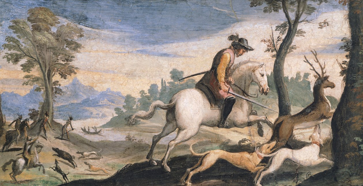 Szarvas és vaddisznó vadászata, Giovanni Francesco Barbieri, Guercino (1591-1666) freskója, 53x101 cm alkotó: Guercino