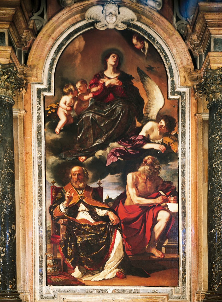 Mária mennybemenetele Szent Péterrel és Szent Jeromossal, Giovanni Francesco Barbieri, Guercino (1591-1666), olaj, vászon. Santa Maria Assunta katedrális, Reggio Emilia. alkotó: Guercino