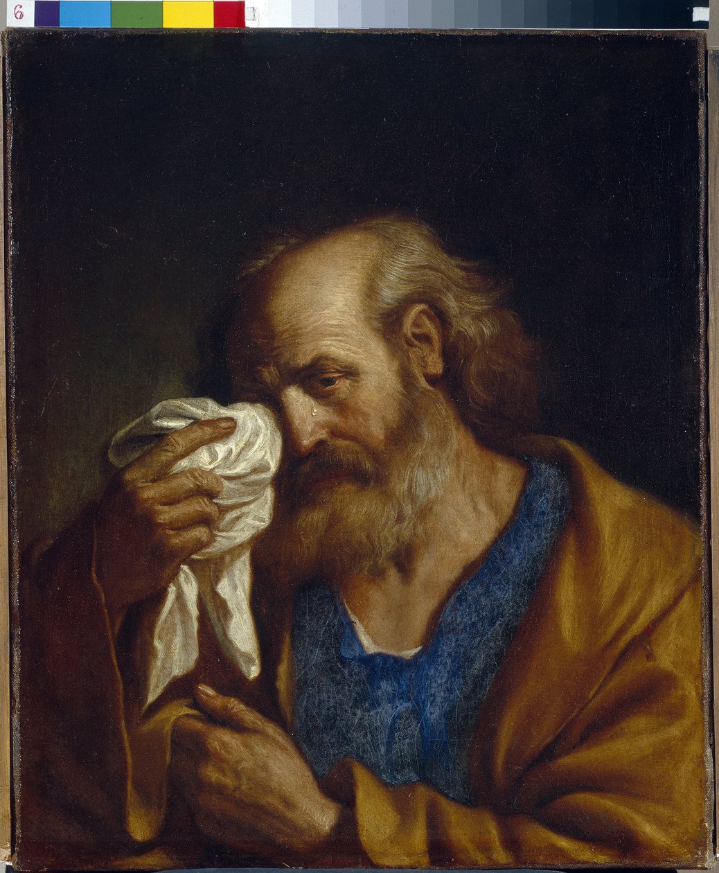 Szent Péter apostol (Péter apostol). Jézus tanítványának portréja, aki letörli az arcán lefolyó könnyeket. Giovanni Francesco Barbieri, Guercino (Le Guerchin) festménye (1591-1666), olaj, vászon alkotó: Guercino