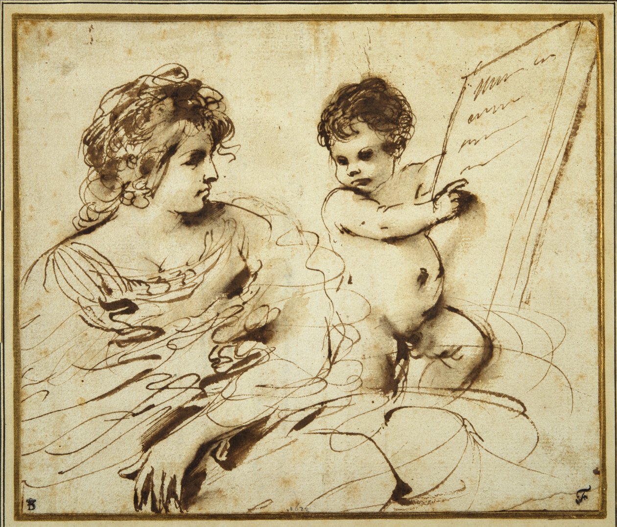 Ülő Szibilla egy puttó kíséretében, amely egy nagy feliratos táblát tart (toll és barna tinta, papírra mosva) alkotó: Guercino
