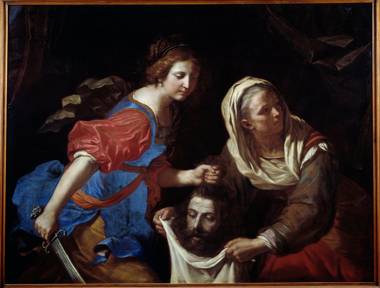 Judit és Holofernész feje. A szolgálólánya, Abra fogja a táskát, míg Judit lefekteti a férfi fejét. Giovanni Francesco Barbieri dit Guercino festménye (A Guerchin alkotó: Guercino