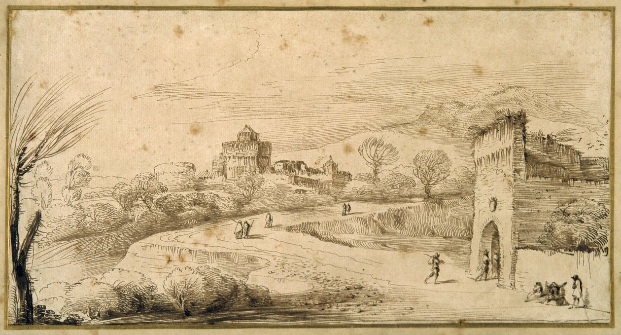 Táj kanyargós kapuházzal és kanyargós úttal (toll és tinta papíron) alkotó: Guercino