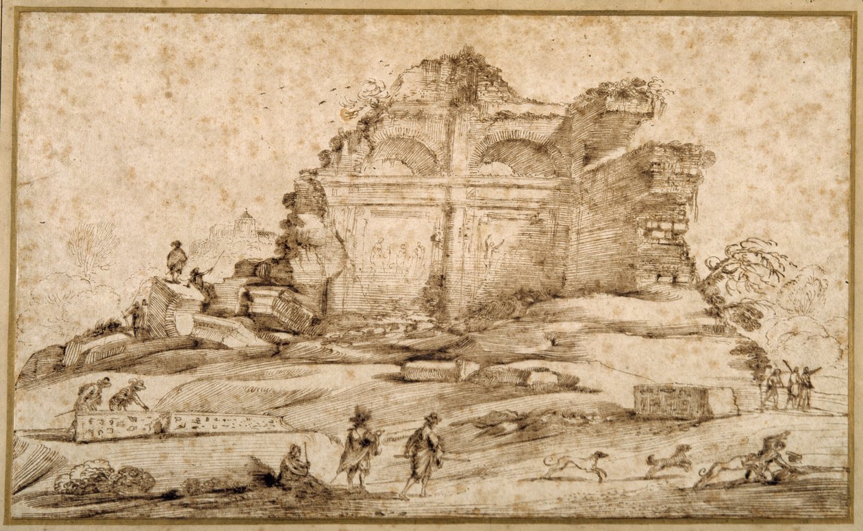 Táj klasszikus romokkal és egy kutyák által megtámadt fiatallal (toll és tinta papíron) alkotó: Guercino