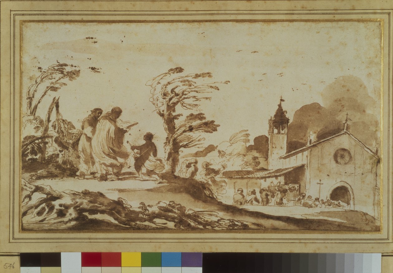 Landscape with figures by a church (pen & ink and wash on paper) alkotó: Guercino