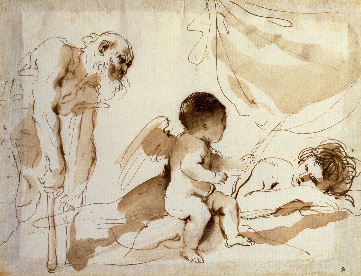 Mankós ember, Ámor és alvó Vénusz (toll, tinta és mosás papíron) alkotó: Guercino
