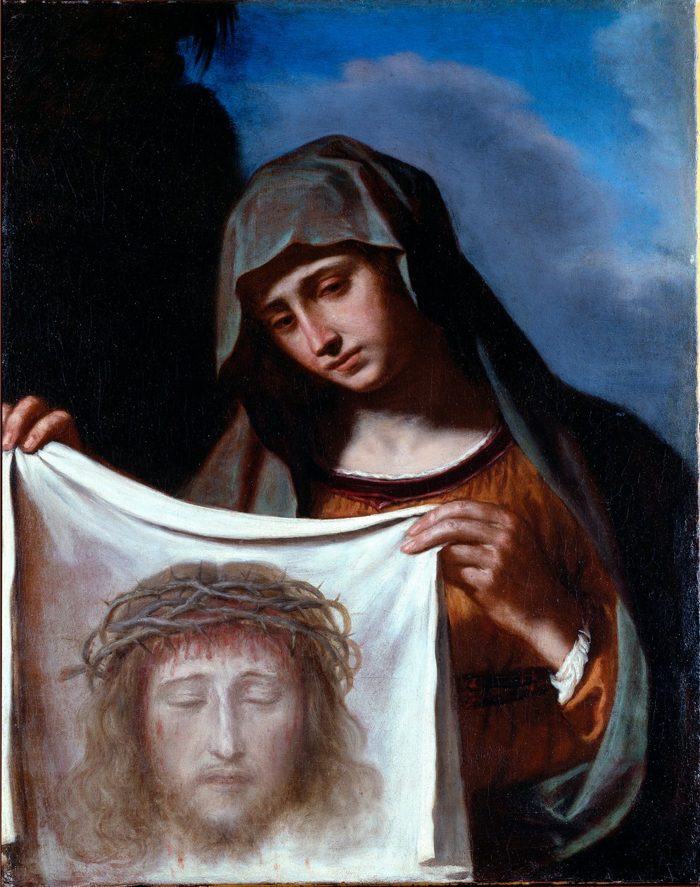 Szent Veronika. A szent fátyol Krisztus arcát ábrázolja, akinek verejtéke Veronique állítólag izzadt a kálváriára való mászás során. Giovanni Francesco Barbieri festménye Guerchin dit Il Guercino (1591-1666) 17. századi gének, Banca Ca gyűjtemény alkotó: Guercino