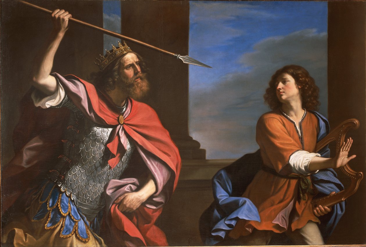 Saul Dávidra támad (olaj, vászon) alkotó: Guercino