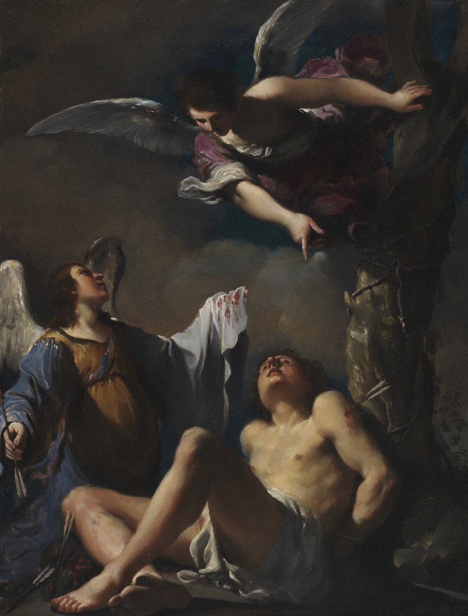 Szent Sebestyént két angyal segítette alkotó: Guercino