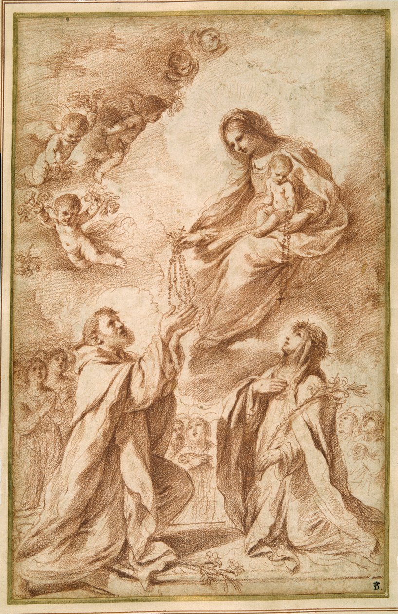 A „Madonna del Rosario” Szent Domonkossal és Sienai Szent Katalinnal (vörös kréta papíron) alkotó: Guercino