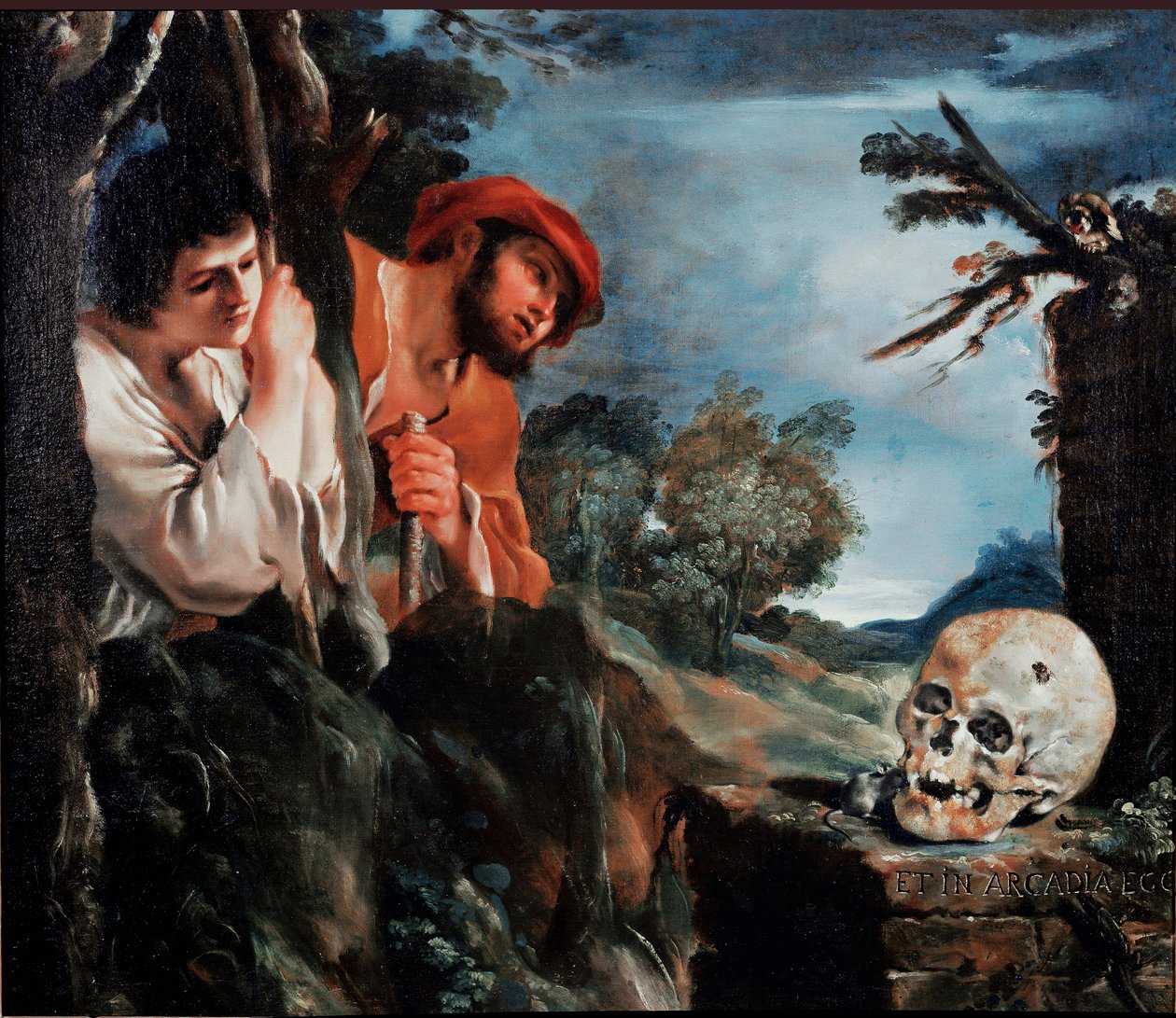 Az Arcadia Men pásztorai a görögországi Peloponnészosz szigetének sírja körül. Giovanni Francesco Barbieri festménye (Vanita), Guerchin dit Il Guercino (1591-1666) 1618 Róma környékén, Galleria Corsini alkotó: Guercino