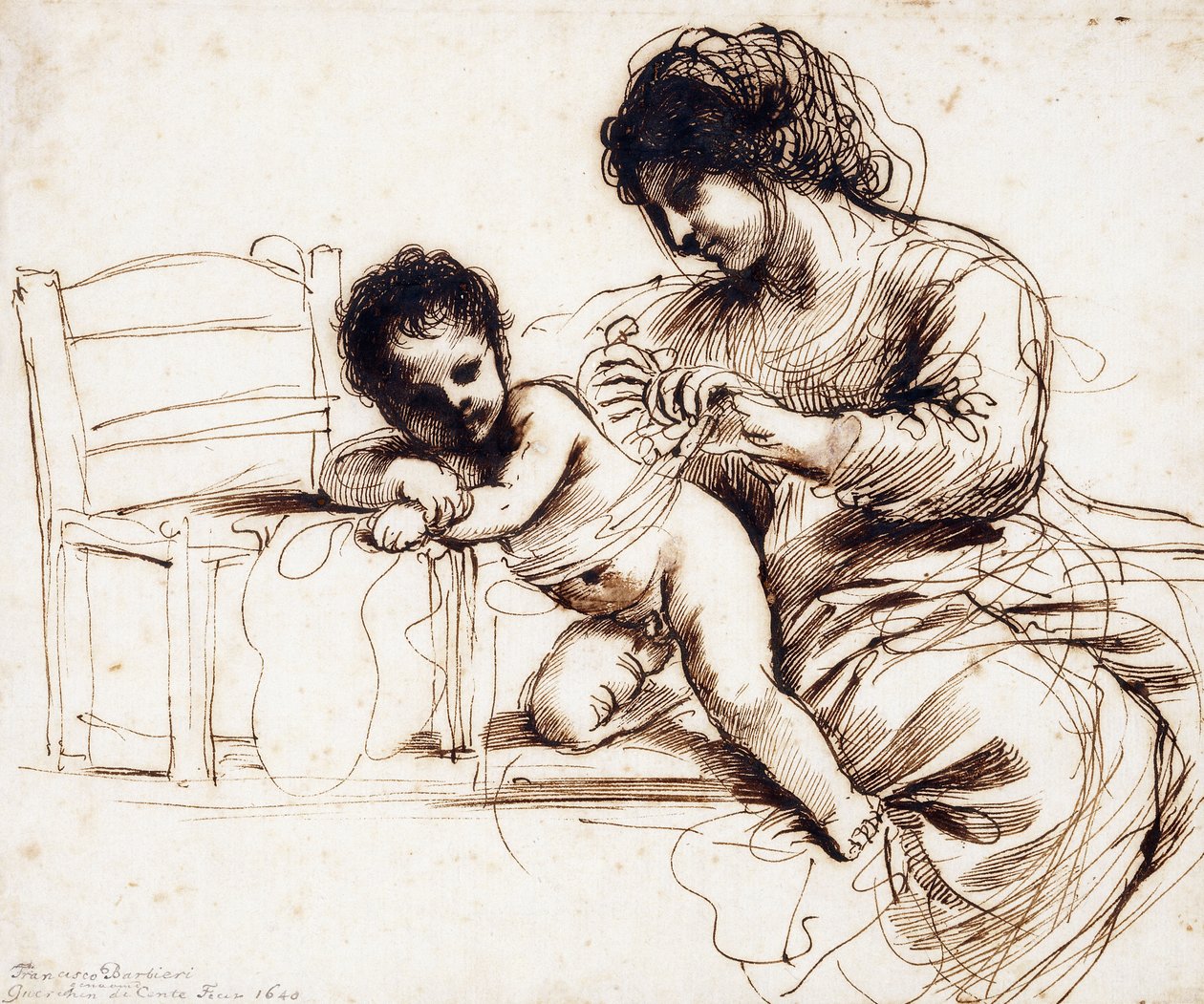 Anya és gyermeke egy szék mellett, alkotó: Guercino